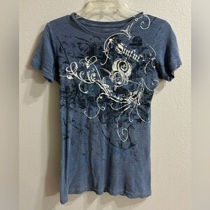 Sinful By Affliction Top Sz S Blue Puff Print Grunge Tattoo Biker Alt Cross Y2K